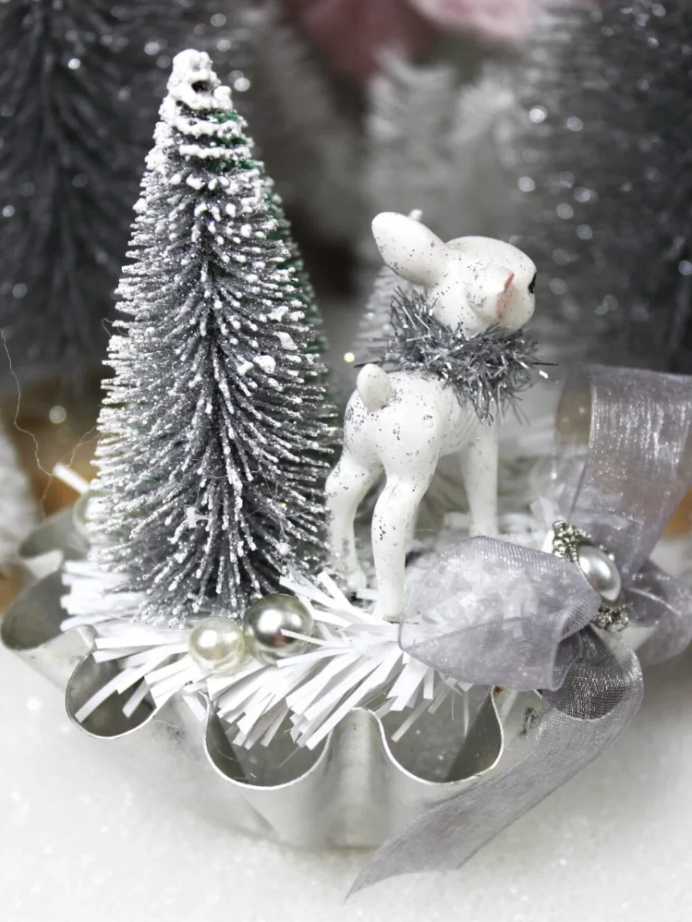 Silver Christmas Assemblage: Retro White Deer Bottle Brush Trees Vintage Tin